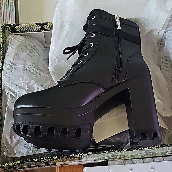 Womens Platform  Ankle Boots with Chunky Block Heels with zip pocket  sz 10 - Picture 5 of 11